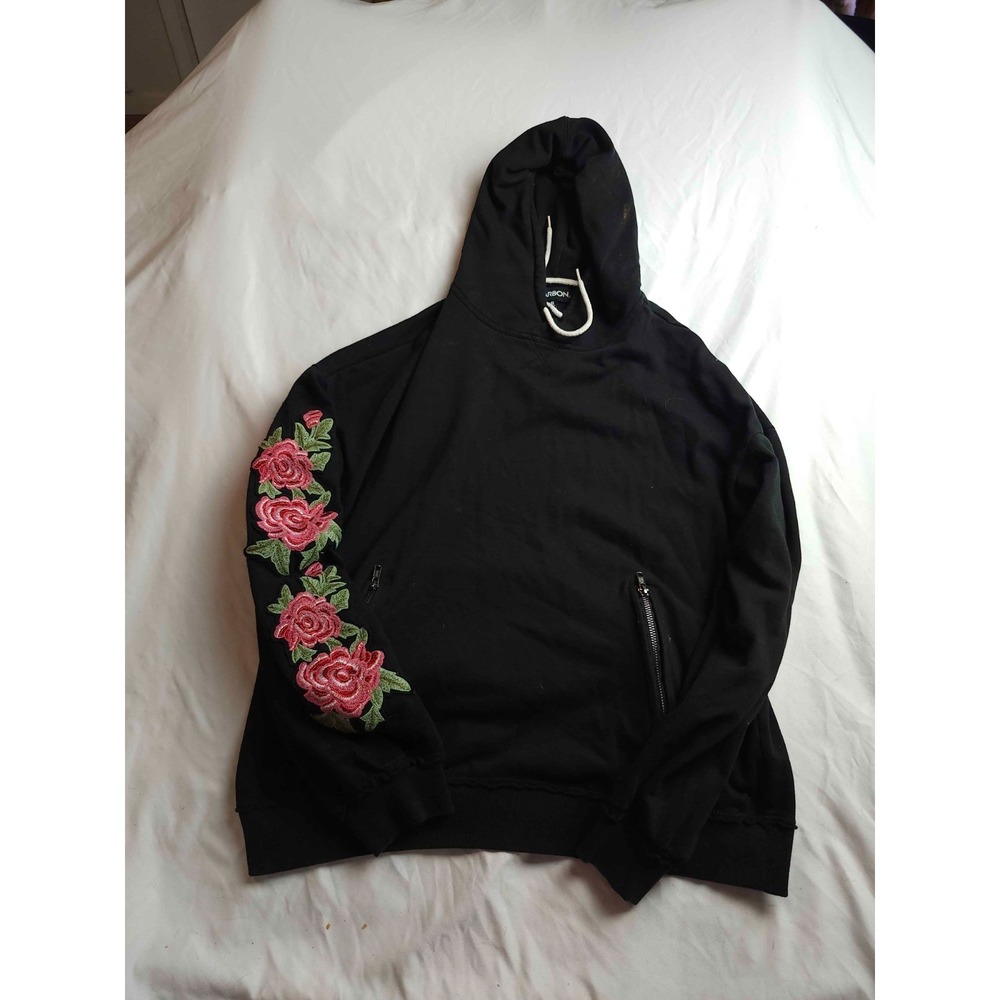 Carbon Hoodie Sweatshirt Womens Small Black Floral Embroidered Pullover‎ Casual